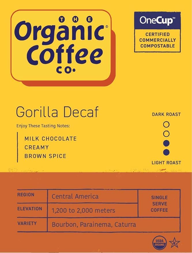 The Organic Coffee Co. Compostable Coffee Pods - Gorilla Decaf (80 Ct) K Cup Compatible including Keurig 2.0 Medium Roast Swiss Water Processed USDA Organic