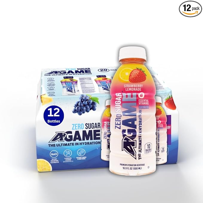 A-Game Zero Sugar Sports Drink Strawberry Lemonade Zero Sugar Free Hydration Sports Beverage 8 Vitamins Plus Electrolytes Natural Flavors Gluten Free &amp Keto Friendly 16.9 Fl Oz (Pack of 12)