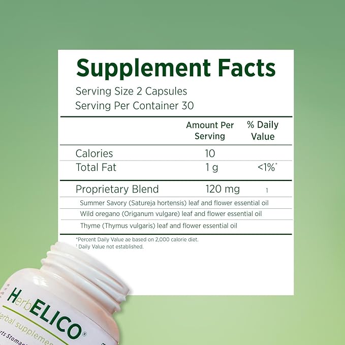 HerbELICO® - Wild Oregano Thyme &amp Summer Savory Essential Oils Mediterranean Blend 60 Capsules Herbal Supplement addresses H. Pylori Acid Reflux Heartburn Non-GMO &amp Gluten Free