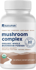NativePath Mushroom Complex - Organic Lions Mane Turkey Tail Cordyceps &amp Reishi Supplement for Immune Support Brain Focus &amp Energy - Beta-Glucans Adaptogen Vegan Non-GMO - 60 Capsules