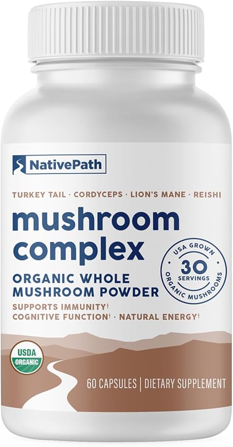 NativePath Mushroom Complex - Organic Lions Mane Turkey Tail Cordyceps &amp Reishi Supplement for Immune Support Brain Focus &amp Energy - Beta-Glucans Adaptogen Vegan Non-GMO - 60 Capsules