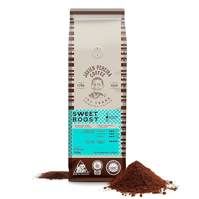 Javier Pereira Coffee Colombian Specialty Coffee Ground Sweet Boost – Medium Roast Arabica – Delicate Fruity Notes &amp Smooth Body – Certified Café de Colombia Single Origin – 17.6 oz