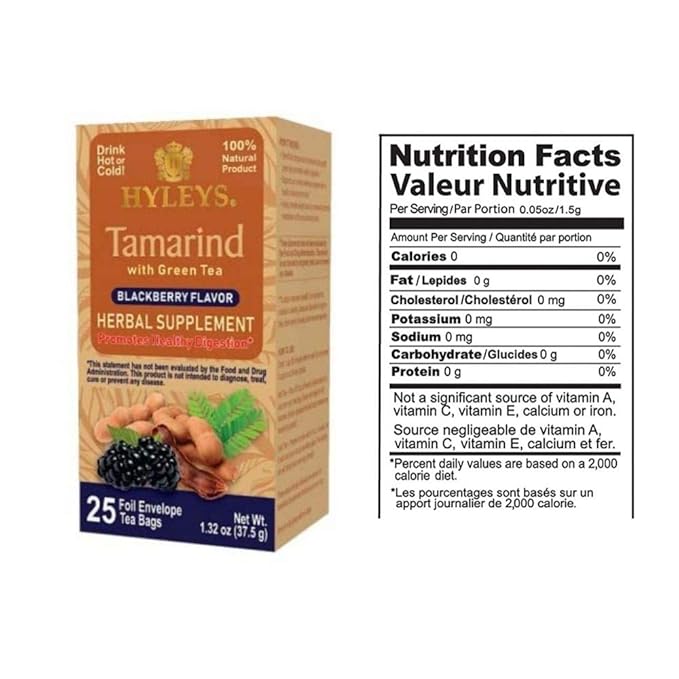 Hyleys Tamarind With Green Tea Blackberry Flavor - 25 Tea Bags (Gmo Free Gluten Free Dairy Free Sugar Free &amp 100% Natural)