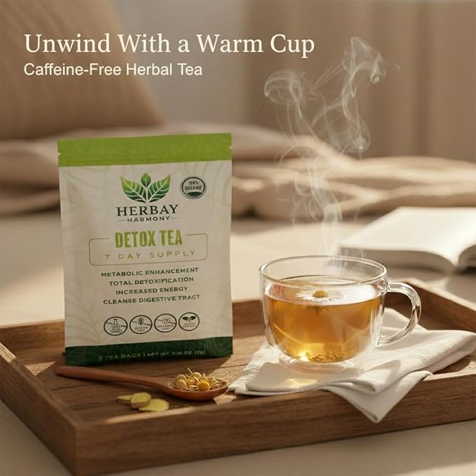Herbay Harmony Organic Detox Tea – Caffeine-Free Herbal Cleanse for Bloating Relief Digestive Tea &amp Natural Body Detox Organic Herbal Blend with Ginger Chamomile &amp Papaya - 12 Pack (12 Week