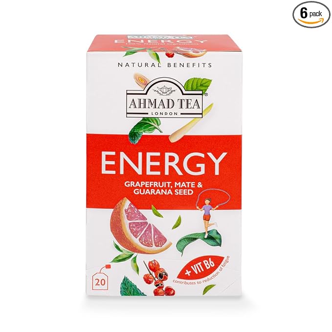 Ahmad Tea Herbal Tea Grapefruit Mate Guarana Seed &amp Vitamin B6 'Energy' Natural Benefits Teabags 20 ct (Pack of 6) - Caffeinated &amp Sugar-Free