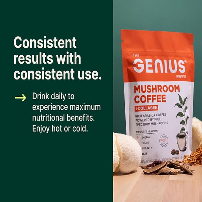 The Genius Brand Organic Mushroom Coffee + Collagen - Daily Energy Support - Healthy Immune Function - Arabica Coffee with Cordyceps Reishi &amp Lion's Mane Mushroom Blend - 10.6 oz (30 Servings)