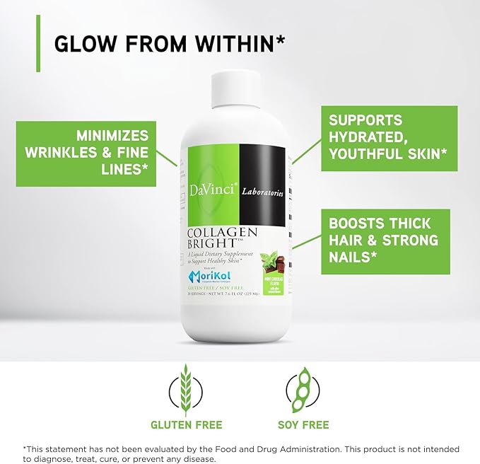 DAVINCI Laboratories - Collagen Bright - A Liquid Dietary Supplement to Support Healthy Skin - Gluten Free Soy Free - Mint Chocolate - 30 Servings 7.6 Fl Oz