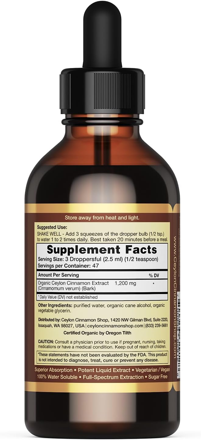 Ceylon Cinnamon Shop CinnaGold™ Organic Ceylon Cinnamon (100% Certified) Supplement High-Potency Liquid Extract 4 oz. – Super Antioxidant