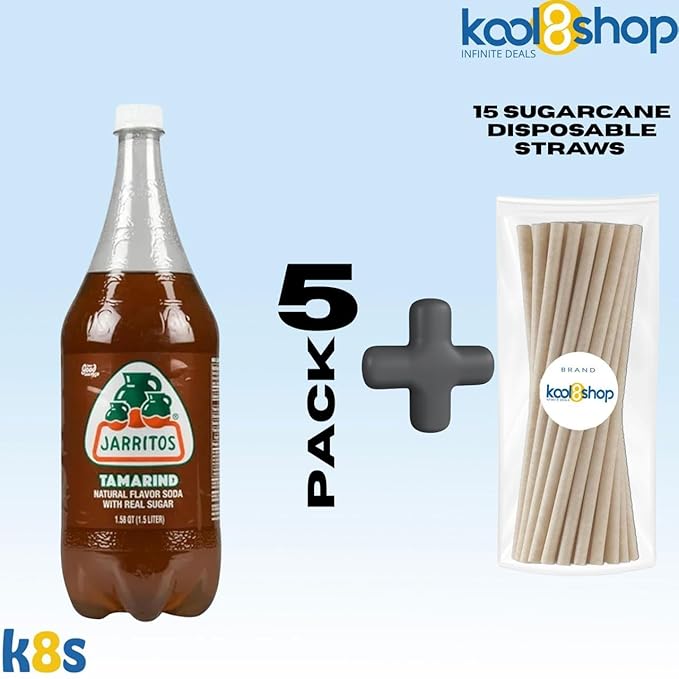 Jarritos Tamarind Mexican Soft Soda Drink 1.5 Lt Plastic Bottles 5 Pack + 15 Sugarcane Disposable Straws by KOOL8SHOP Infinite Deals