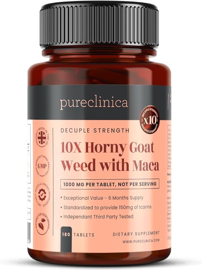 pureclinica 10X Horny Goat Weed &amp Maca Extract 6250mg x 180 Tablets (6 Months Supply) -10 X More Icariins - w/5mg Black Pepper Extract for 300% Increased Absorption