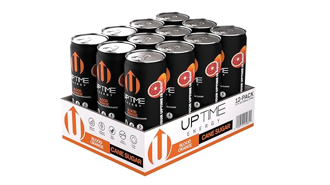 UPTIME Energy Drink Blood Orange Cane Sugar 12 Pack Vitamin C L Theanine Calcium Energy Drinks for Focus Support 142mg of Natural Caffeine per Serving Clean Natural Non GMO 12 fl oz Cans