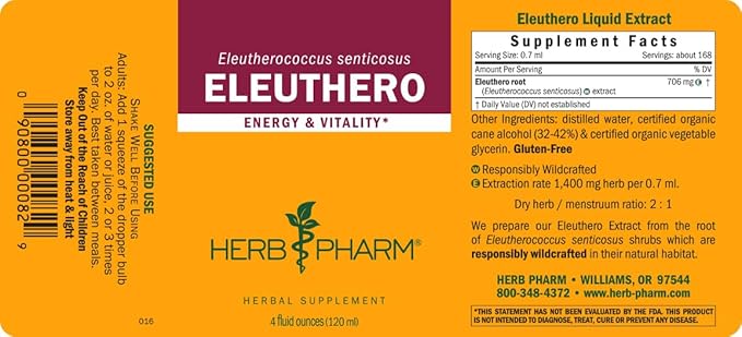 Herb Pharm Eleuthero (Siberian Ginseng) Root Liquid Extract for Energy and Stamina Cane Alcohol 4 Ounce
