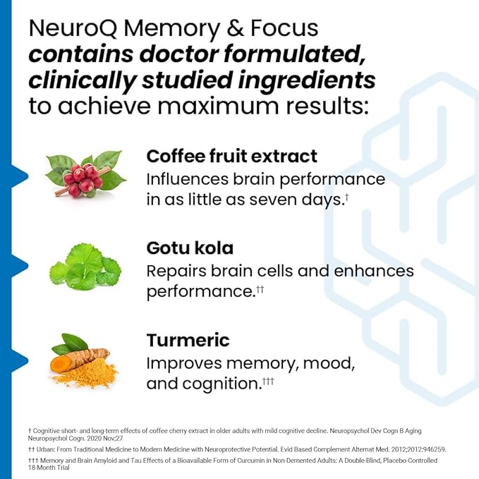 NeuroQ Memory &amp Focus - Boosts Cognitive Performance &amp Brain Function - Neuroprotective Formula by Dr. Dale Bredesen - Gotu Kola Ginkgo Phosphatidylserine &amp Propolis - 60 Capsules (Pack of
