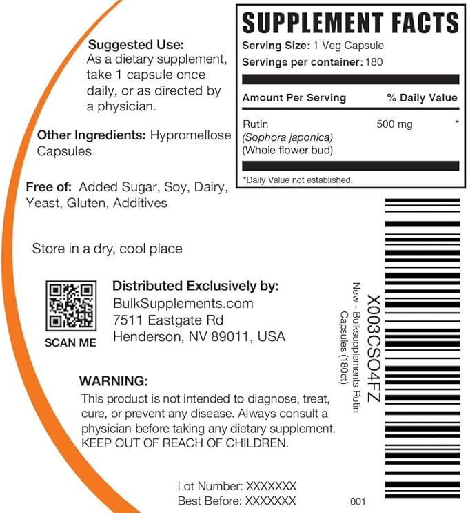 BulkSupplements.com Rutin 500mg Capsules - from Saphora Japonica Rutin Supplement Rutin Pills - Antioxidants Supplement - Vegan &amp Gluten Free 1 Capsule per Serving 180 Veg Capsules