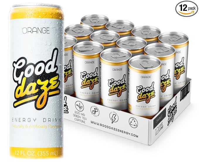 Good Daze Energy Drink with 200mg of Caffeine from Tea Sugar Free B Vitamins L-Theanine Pre Workout Performance with Antioxidants Orange 12FL OZ Cans (Pack of 12)