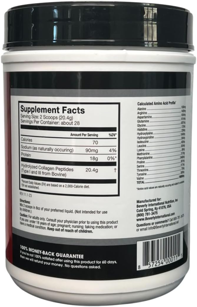 Beverly International Collagen Peptides Protein Powder. Youthful Appearance- Skin Hair Nails Bones and Joint Health. Easy to Use Highly Absorbable. 18 Grams of Protein Unflavored 20 oz.