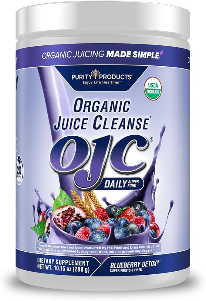 Purity Products OJC Blueberry Detox - Certified Organic Juice Cleanse Bloat + Gas Relief- Ft. OptiBiome Probiotics Organic Super Fruits + 4 Grams Organic Psyllium Fiber - Vegan - 30 Day Supply