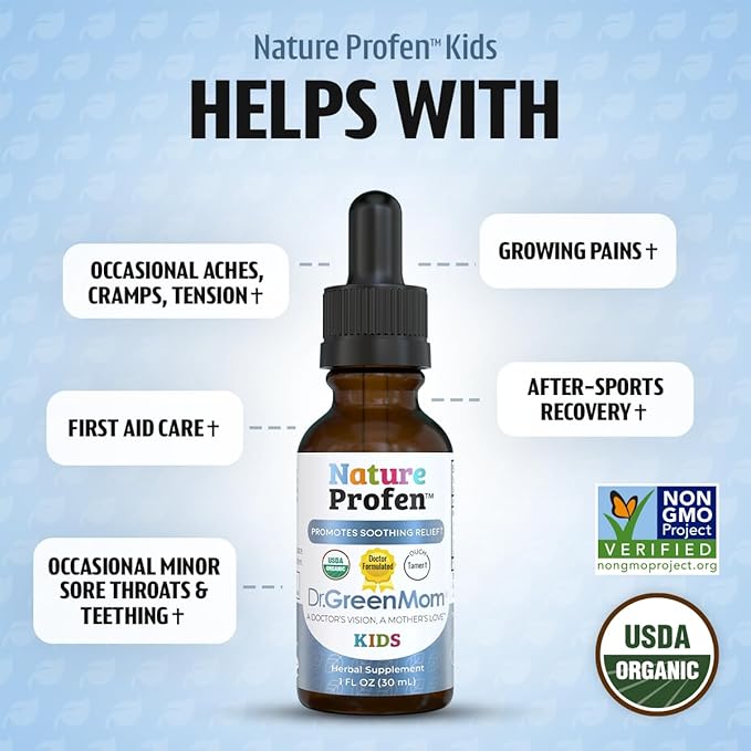 Dr. Green Mom Nature Profen Natural Relief for Infants &amp Kids | USDA Organic Herbal Drops for Teething Growth Spurts and Occasional Discomfort | Natural Child &amp Baby Comfort Aid