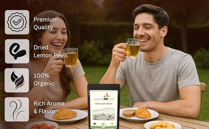 Blossom &amp Brew Honey Lemon Green Tea - Premium Loose Leaf Green Teas with Lemon Peels (2.46oz) Long Leaves Aromatic Herbal - Natural Ingredients | Brew Hot or Iced Tea
