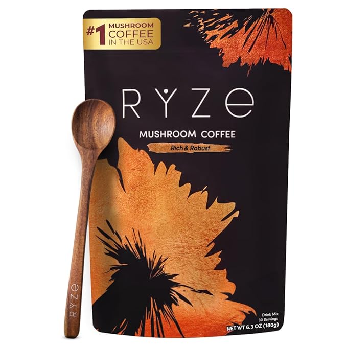 RYZE SUPERFOODS Mushroom Coffee Dark Roast 6 Adaptogenic Mushrooms &amp Prebiotic Blend Instant Coffee Supports Energy Focus Digestion &amp Immunity Lions Mane &amp Turkey Tail 30 Servings.
