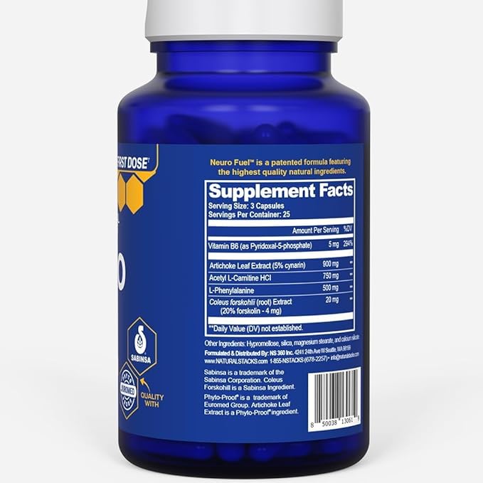 NATURAL STACKS Original NeuroFuel Nootropic Brain Support Supplement - 750mg L-Carnitine &amp 500mg L-Phenylalanine - Brain Supplement for Memory and Focus* - 75 Focus Pills