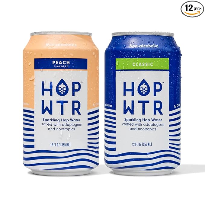 HOP WTR Sparkling Hop Water Classic 6 Pack Peach 6 Pack Sugar Free Low Carb Non Alcoholic Drinks NA Beer Adaptogen Drink No Calories Adaptogens &amp Nootropics for Added Benefits 12 oz Cans
