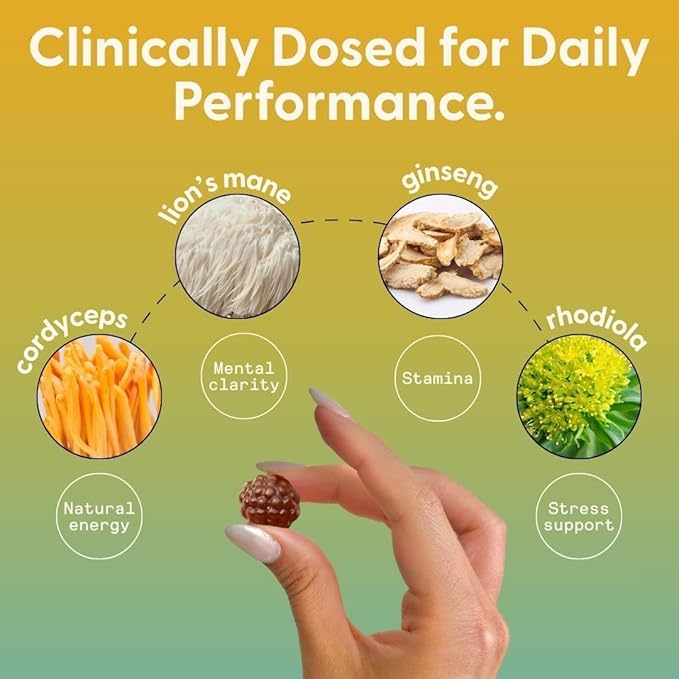 SuperMush Energy Mushroom Gummies - Organic Lions Mane Supplement with Cordyceps Rhodiola L-Theanine Maca - Vegan &amp Sugar-Free - Energy Focus Stamina Stress Reduction - 28 Gummies (14 Servin