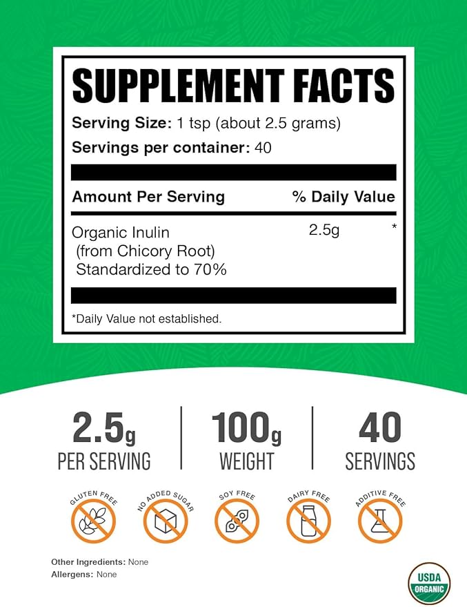 BulkSupplements.com Organic Inulin Powder - Inulin Supplement Soluble Fiber Powder - Vegan &amp Gluten Free - 2.5g per Serving 100g (3.5 oz) (Pack of 2)