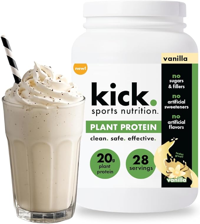 Kick Plant Protein Powder Vanilla Flavor 20 G Protein Gluten Free Workout Supplement with Aminos Acids to Support Fitness Goals &amp Gut Health No Sugar No Artificial Flavors 28 Servings
