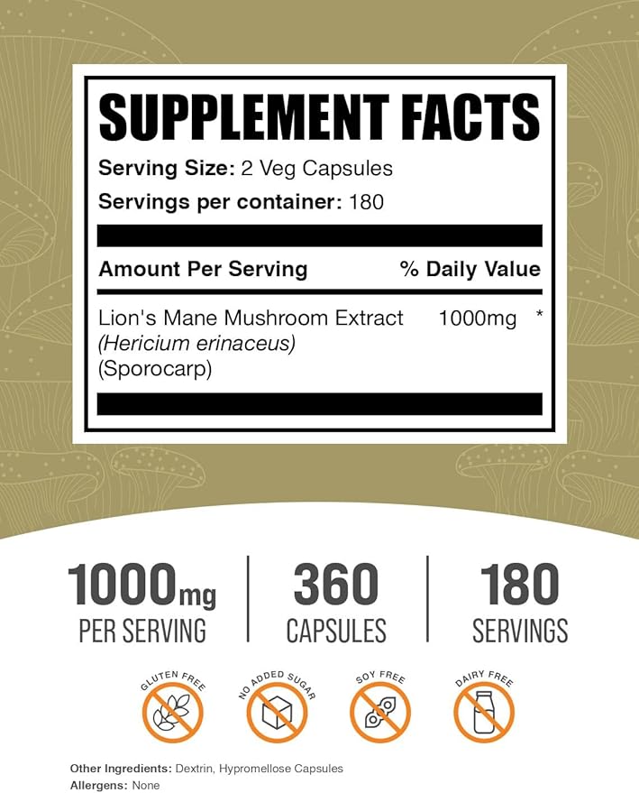 BulkSupplements.com Lion's Mane Mushroom Extract Capsules - Mushroom Supplement Brain Supplement for Memory and Focus Support - Vegan 2 Capsules per Serving (1000mg) 360 Capsules (Pack of 1)