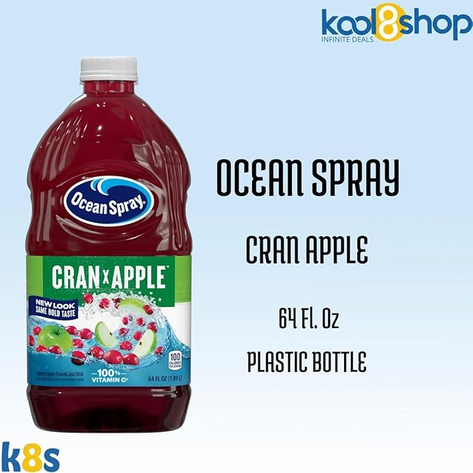 Ocean Spray Cran Apple Fruit Juice Drink 64 fl oz Plastic Bottle 4 Pack + 15 Sugarcane Disposable Straws by KOOL8SHOP Infinite Deals