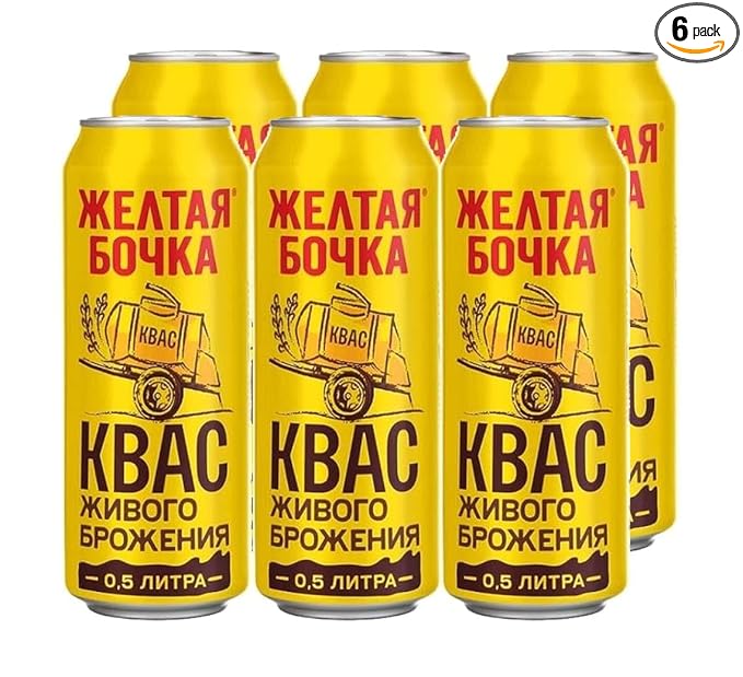 Imported Russian Rye Bread Soft Drink Kvass Yellow Barrel Trehsosnensky 0.5l / 16.91 fl oz - Pack of 6 - Zheltaya Bochka