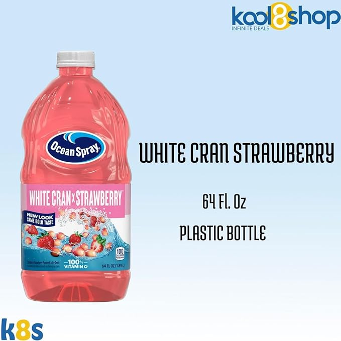 Ocean Spray White Cran Strawberry Juice Drink 64 fl oz Plastic Bottles 4 Pack + 15 Sugarcane Disposable Straws by KOOL8SHOP Infinite Deals