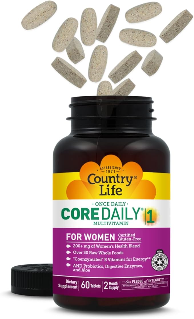 Country Life Women’s Core 1 Daily Multivitamin with Iron Cranberry Probiotics and Digestive Enzymes-Certified Gluten-Free Formula for Energy Immune Support and Complete Digestive Health60 Tablets