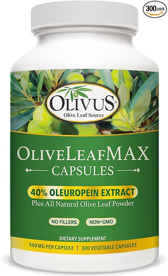 OliveLeafMAX Olive Leaf Extract (40% Oleuroepin) + Organic Olive Leaf Powder + No Fillers + 300 Vegetarian Capsules + Sourced from Spain and Manufactured in USA at GMP Facility