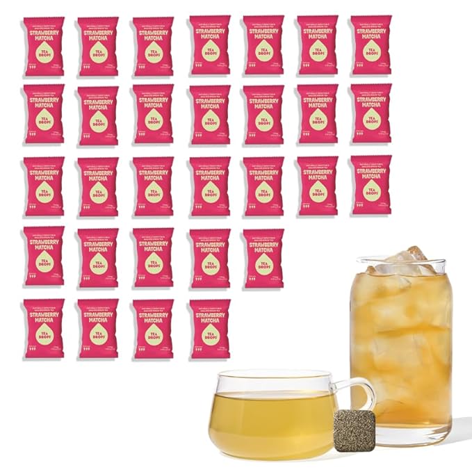 Tea Drops 30 Bulk Pack Organic Strawberry Matcha Bagless Tea - Loose Leaf Lightly Sweetened On-The-Go. Plastic-Free - Iced or Hot