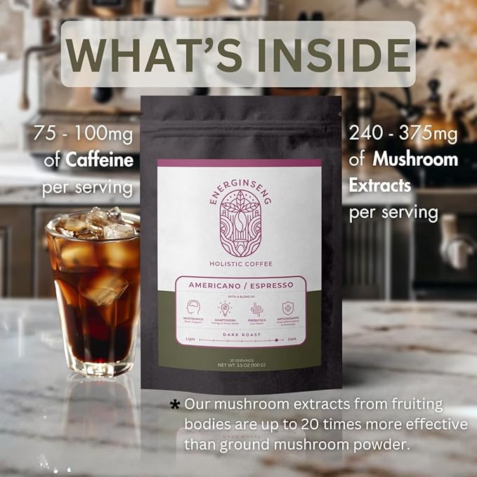 Energinseng Instant Americano/Espresso Mushroom Coffee – Unsweetened Black Adaptogen Coffee with Lion’s Mane Reishi &amp Ginseng – Instant Coffee for Focus &amp Clean Energy – 3.5oz