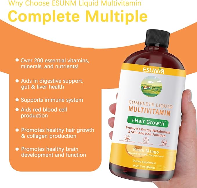 Complete Liquid Multivitamin + Hair Growth Promotes Energy Metabolism&amp Skin and Hair Function| Vitamin C D | B Vitamins | Help to Thicker Hair Wrinkles Fine Lines Skin Care (16.23OZ)