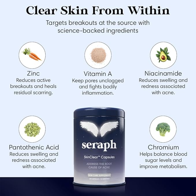 Seraph Acne Supplement - Hormonal Acne Pills Treatment - Pimple Supplements for Women - Skin Clear Capsules for Teen Men &amp Adults - Made in USA - 60 Tablets