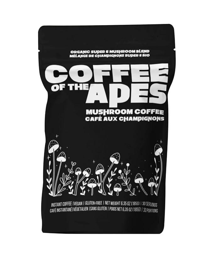 Coffee Of The Apes - Organic Instant Mushroom Coffee - High Potency Functional Adaptogen Drink with Lion's Mane Cordyceps Reishi Turkey Tail King Trumpet Shiitake Real Arabica Beans and MCT OIL