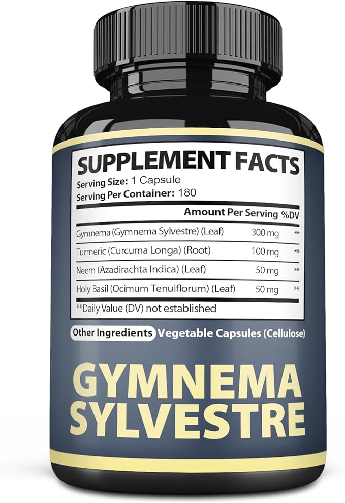 Satoomi Pure Gymnema Sylvestre Capsules Extract - 180 Capsules of 6 Month - Blended with Neem Leaf Holy Basil &amp Turmeric Curcumin Root