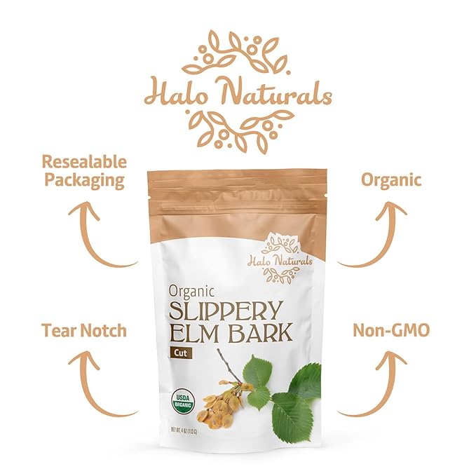Halo Naturals Organic Slippery Elm Bark Cut 4 Ounces (Ulmus rubra) USDA Certified | Resealable Pouch| Packaged in The USA (Pack of 1)