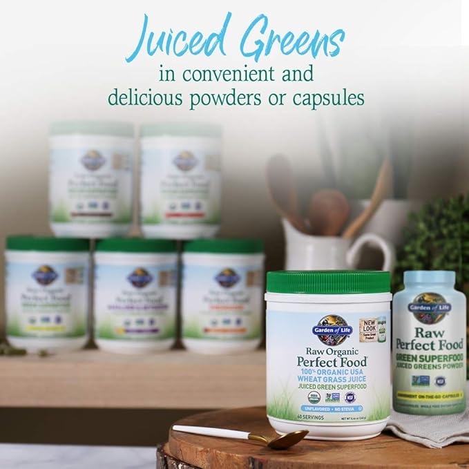 Garden of Life Raw Organic Perfect Food 100% Organic USA Wheat Grass Juice - Juiced Green Superfood Greens Powder 60 Servings - Stevia-Free Non-GMO Vegan Gluten Free Whole Food Dietary Supplement