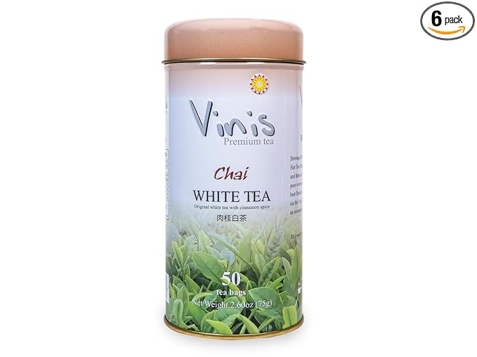 Vinis Premium Chai White Tea Tea Box of 6 Tins (50 tea bags per Tin) (Chai White Tea)