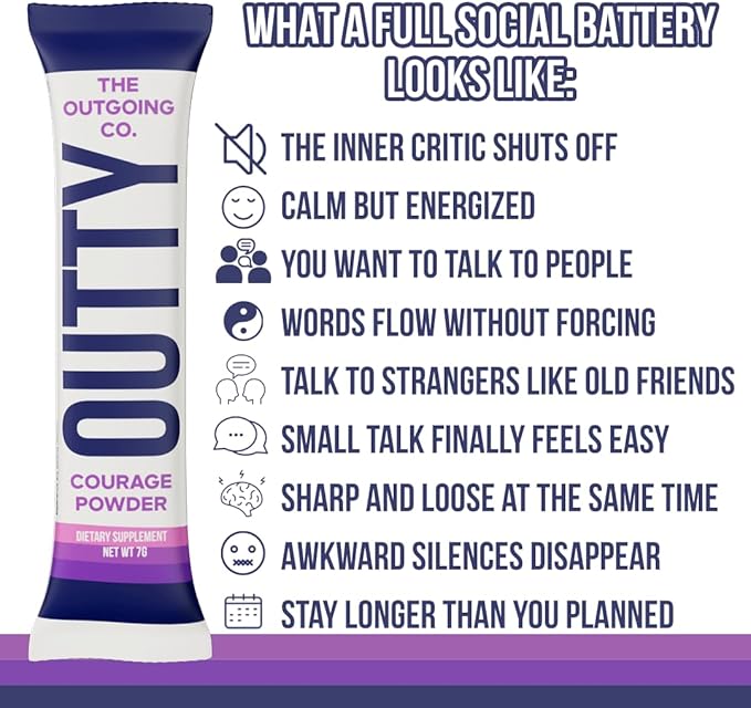 OUTTY Courage Powder Social Energy &amp Mood Support Drink Mix With Taurine L-Theanine &amp Oroxylin A Stress Relief Mental Clarity &amp Alcohol Alternative Acai Mixed Berry (15 Stick Packs)