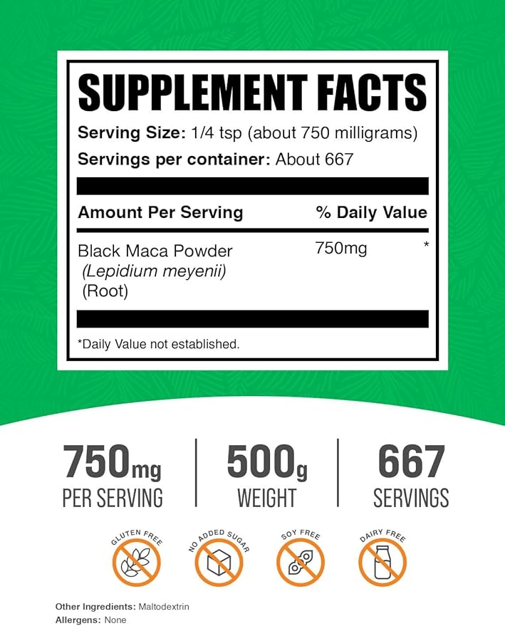BulkSupplements.com Black Maca Powder - Black Maca Root Supplement Herbal Supplement for Men &amp Women - Vegan Gluten Free 750mg per Serving 500g (1.1 lbs) (Pack of 1)