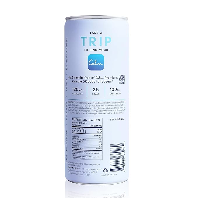 TRIP Lightly Sparkling Adaptogen Drink Non Alcoholic Drink with Magnesium Ashwagandha Lions Mane &amp L Theanine No Added Sugar Mocktail Vegan Melon Cucumber 12 Oz 12Pk