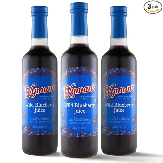 Wyman's Wild Blueberry Juice 100% Juice No Sugar Added Not From Concentrate Glass Bottled 500mL (3 Pack)