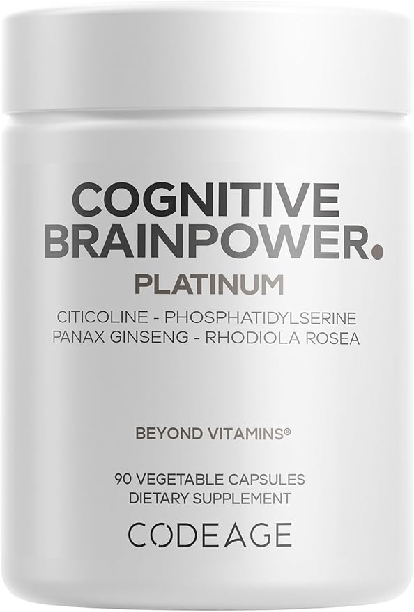 Codeage Cognitive Brainpower Platinum Supplement - Cognizin Citicoline KSM-66 Ashwagandha Panax Ginseng Rhodiola Phosphatidylserine Ginkgo Ubiquinol CoQ10 Liposomal - Non-GMO - 90 Capsules