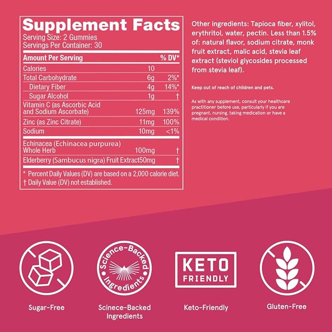 Bulletproof Sugar-Free Raspberry Elderberry Immune Gummies 60 Count Keto Supplement for Immune Support